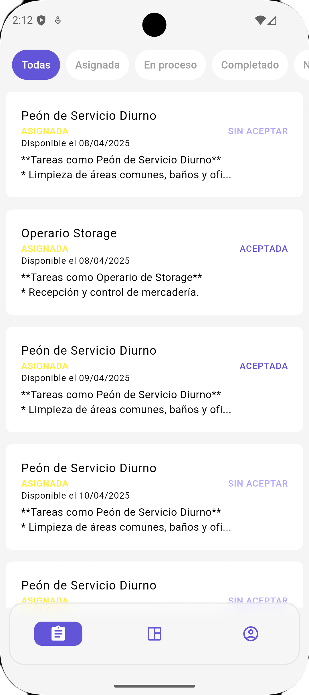 Listado de tareas del empleado